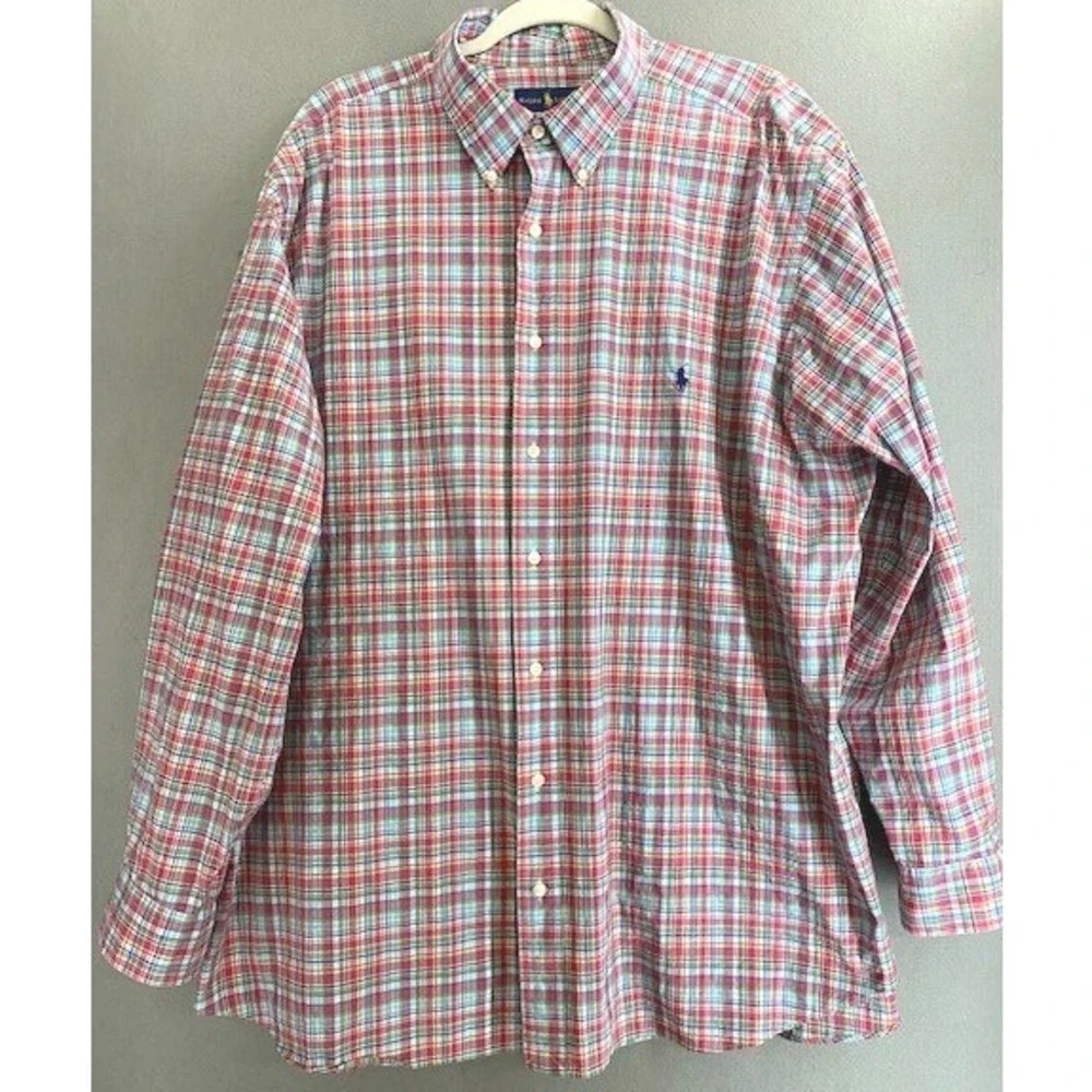 Ralph Lauren Mens 2XB Plaid Button Poplin Cotton Shirt‎ Multi Logo